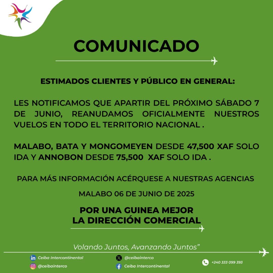 CEIBA INTERCONTINENTAL REANUDA VUELOS NACIONALES A PARTIR DEL 7 DE JUNIO