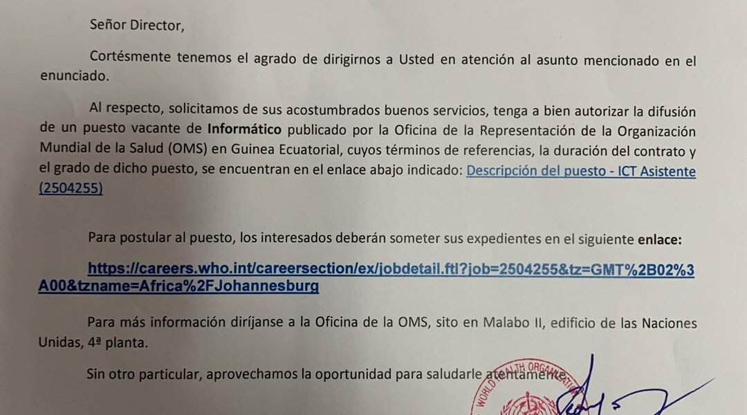 OMS abre vacante para informático en Malabo