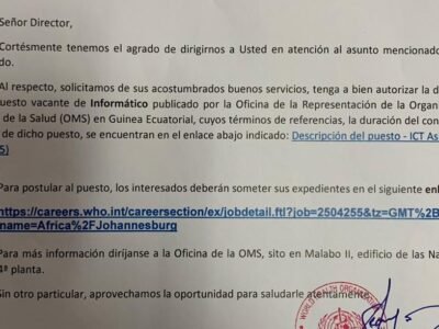 OMS abre vacante para informático en Malabo