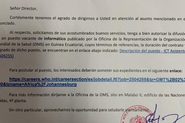 OMS abre vacante para informático en Malabo