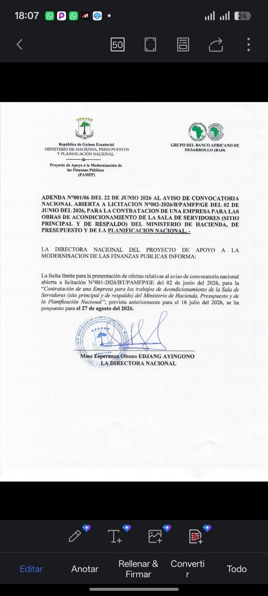 PAMFP amplia el plazo a las empresas para depositar sus expedientes y ofertas de licitación.